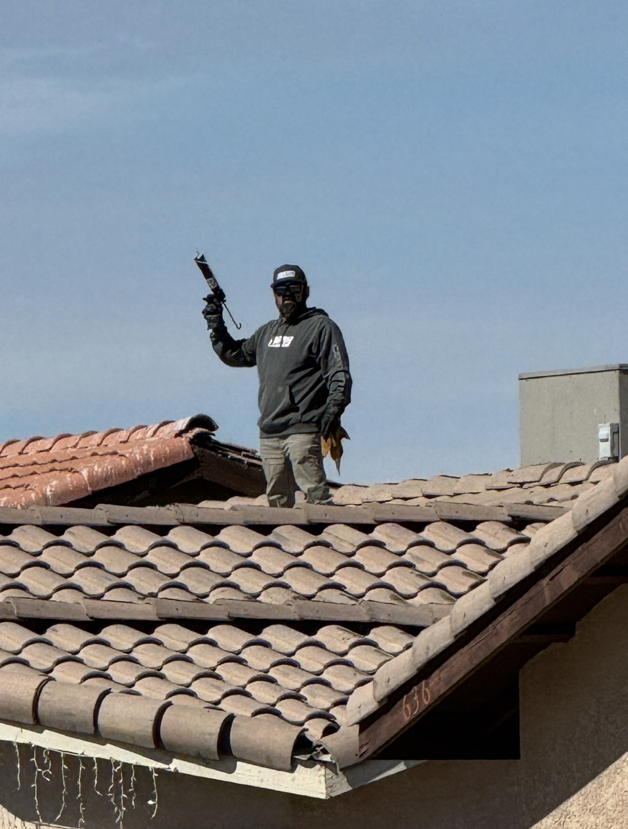 Pigeon control technician working on a roof